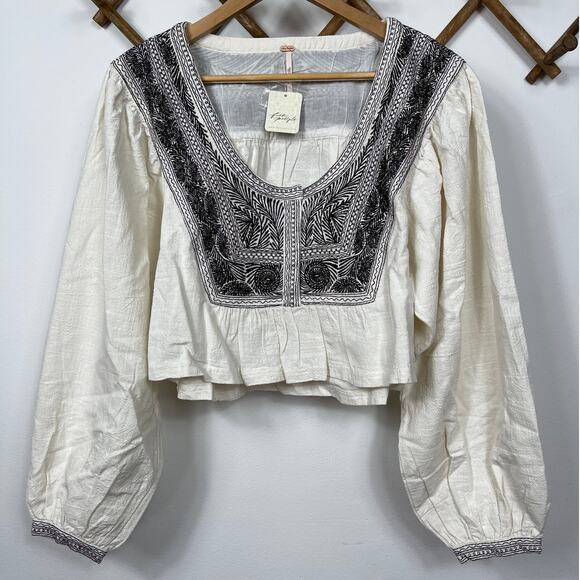 New Free People Iggie Embroidered Top in Ivory & Black Bean Combo Women's Size S - Picture 2 of 10